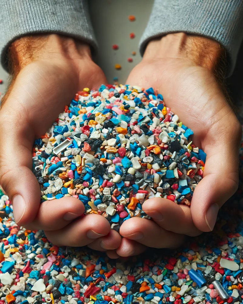 AI-gegenereerd beeld van handen die gerecyclede plastic korrels vasthouden.